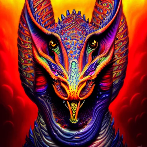 Image similar to an extremely psychedelic portrait of a dragon, surreal, lsd, face, detailed, intricate, elegant, lithe, highly detailed, digital painting, artstation, concept art, smooth, sharp focus, illustration