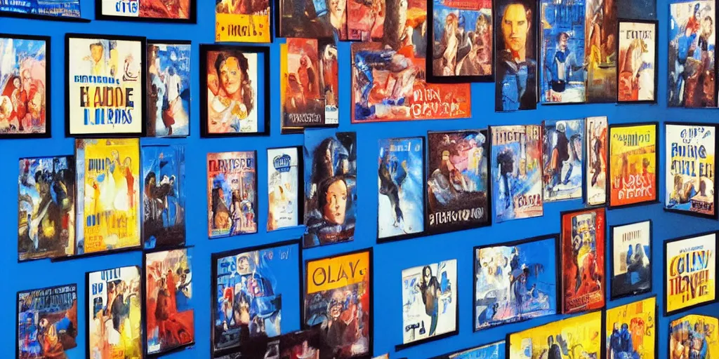 Prompt: oil painting of tv show posters on a blue wall, blue overtones, highly detailed, stylized, abstract