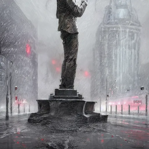 Image similar to a highly detailed epic cinematic concept art CG render digital painting artwork: close up of a melted socialist monument in the rain. Soviet, gloomy, night. By Greg Rutkowski, Ilya Kuvshinov, WLOP, Stanley Artgerm Lau, Ruan Jia and Fenghua Zhong, trending on ArtStation, made in Maya, Blender and Photoshop, octane render, excellent composition, cinematic atmosphere, dynamic dramatic cinematic lighting, aesthetic, very inspirational, arthouse