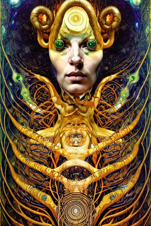 Image similar to Rebirth by Karol Bak, Jean Deville, Gustav Klimt, and Vincent Van Gogh, Rebirth, Loki's Pet Project, mystical portrait of a serpent deity, Surreality, otherworldly, fractal structures, arcane, ornate gilded medieval icon, third eye, spirals