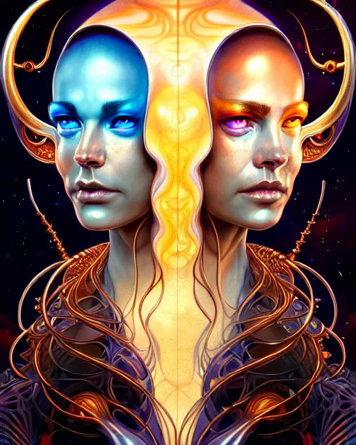Prompt: a portrait of gemini water and fire fantasy character portrait made of fractals facing each other, ultra realistic, wide angle, intricate details, the fifth element artifacts, highly detailed by peter mohrbacher, hajime sorayama, wayne barlowe, boris vallejo, aaron horkey, gaston bussiere, craig mullins