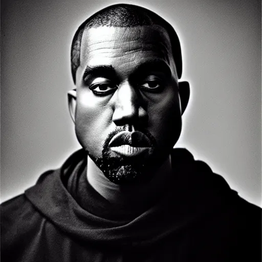 Image similar to a chiaroscuro lighting portrait of kanye west dressed as rick owens, black background, portrait by julia margaret cameron, shallow depth of field, 8 0 mm, f 1. 8