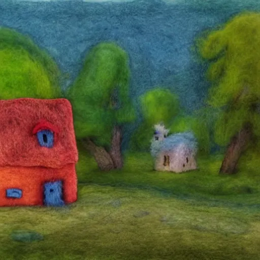 Image similar to small wooden house in the middle of spring forest, bright colours, watercolor, volumetric wool felting, macro photography, children illustration, by michael sowa