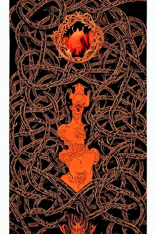 Image similar to photograph of the devil wrapped in vines + black paper + elements + red + gold + neon + baroque + rococo + white + orange+ ink + tarot card with ornate border frame + marc Simonetti, paul pope, peter mohrbacher, detailed, intricate ink illustration, global illumination, 8k resolution, satanic, dripping colors, occult symbols hidden, RPG portrait, dynamic lighting