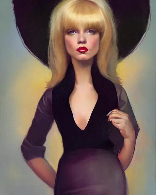 Image similar to portrait 1 9 6 0 s elegant blonde beautiful mod girl, long straight 6 0 s hair with bangs, in a miniskirt, glam, groovy, by brom, tom bagshaw, sargent