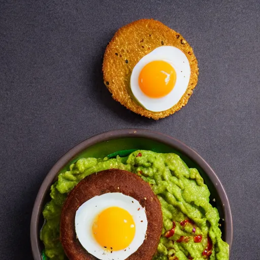 Image similar to vegan hamburger with guacamole and crispy fried onion and fried egg toppings, crispy buns, 8 k resolution, studio lighting, sharp focus, hyper - detailed