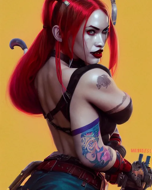 Prompt: highly detailed vfx portrait of megan fox as harley quinn, stephen bliss, unreal engine, greg rutkowski, loish, rhads, beeple, makoto shinkai and lois van baarle, ilya kuvshinov, rossdraws, tom bagshaw, alphonse mucha, global illumination, detailed and intricate environment