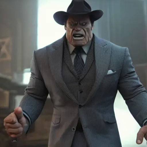 Image similar to a still of Joe Fixit Grey Hulk wearing a pinstripe suit and fedora appearing in Avengers: Infinity War