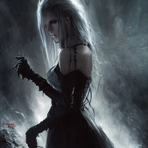 Image similar to kerli koiv, vampire, darkwave, darksynth character portrait, sharp, digital matte painting, art by luis royo, greg rutkowski, wlop, dramatic lighting, trending on artstation