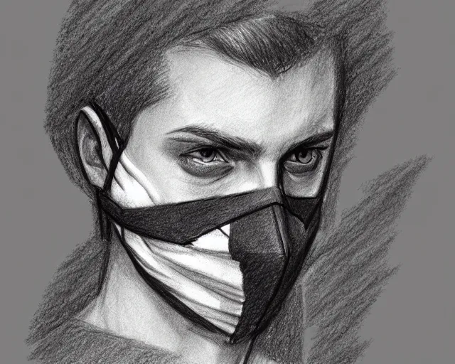 Image similar to draft drawing of a european young man covering face with fabric mask, draft sketch, trending on artstation, context art, pencil sketch, high detail