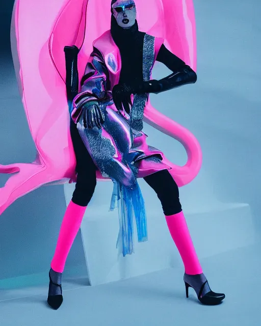 Image similar to an award winning fashion photograph of Balenciaga's fashion week 2049 campaign by Catherine Opie and Hajime Sorayama, Demna Gvasalia, cyberpunk, futuristic, Bladerunner 2049, dazzle camouflage!, dayglo pink, dayglo blue