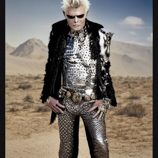 Image similar to portrait billy idol dressed in fantasy fashion, alexander mcqueen, shiny metal, standing in a desert