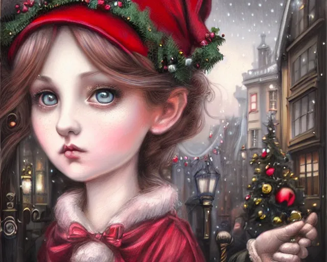 Image similar to closeup profile portrait of victorian london streets, nicoletta ceccoli, mark ryden, lostfish, max fleischer, hyper realistic, artstation, illustration, digital paint, matte paint, vivid colors, bright, cheerful, detailed and intricate christmas environment