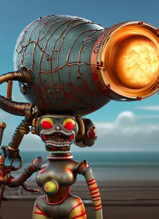 Prompt: highly detailed closeup, profile portrait of a tin toy nuclear diaster, bikini, unreal engine, nicoletta ceccoli, mark ryden, earl norem, lostfish, global illumination, detailed and intricate environment