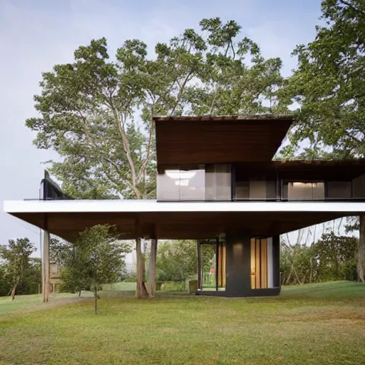 Prompt: white modern farmhouse villa with farmhouse treehouse in the center