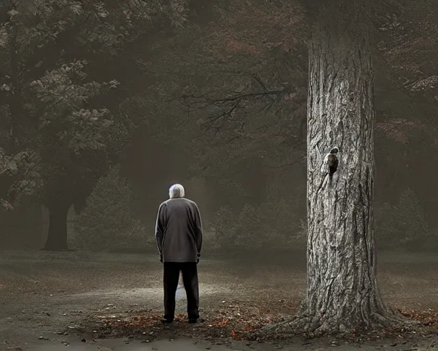 Image similar to an old man sees a great grey owl in a maple tree in front of him, concept art, realistic modern supernatural horror thriller aesthetic, hd 4 k 8 k digital photography render, inspired by steve prescott and michael whelan and dave mckean. layout in the style of christopher mckenna and gregory crewdson