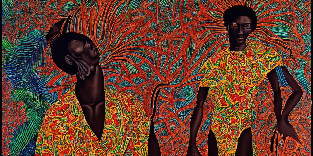 Prompt: an abstract tropical landscape, portrait of a dark - skinned greek god. 2 4 mm, photorealistic, abstract, directed by mati klarwein