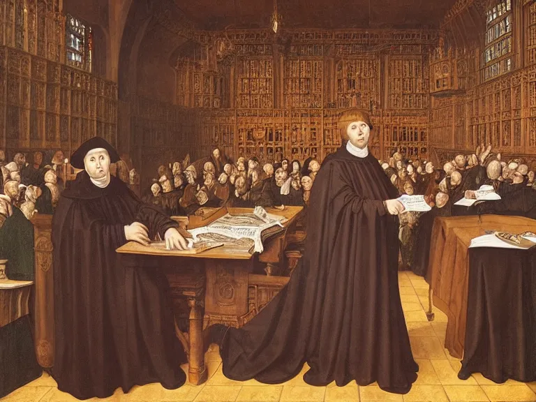 Prompt: “ martin luther at the house of lords by anton von werner, 1 6 th century, medieval, tudor, oil on canvas, highly detailed, artstation hd ”