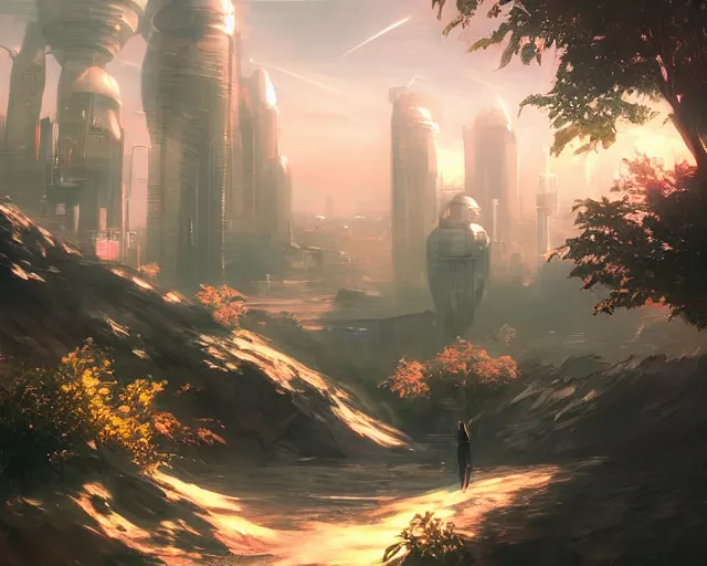 Image similar to scenery artwork, scene beautiful, light!! light essential futuristic city world and nature vegetation with daylight, surrealism oil on canvas, artstation!! pixiv!! dream scenery, quality astral projection render, nier automata concept art, vaporwave textures