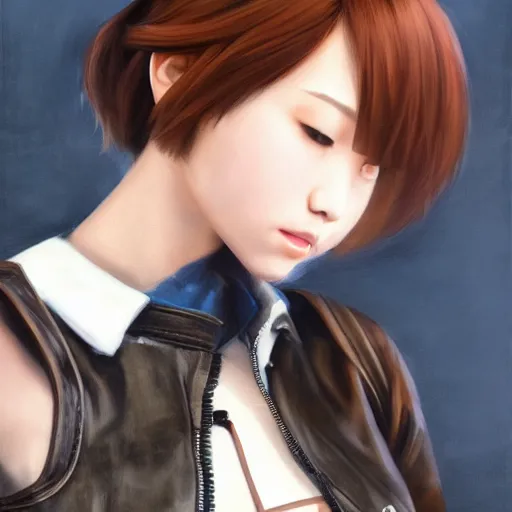 Image similar to perfect, realistic oil painting of close-up japanese young woman wearing leather jacket, in Perfect World mmorpg