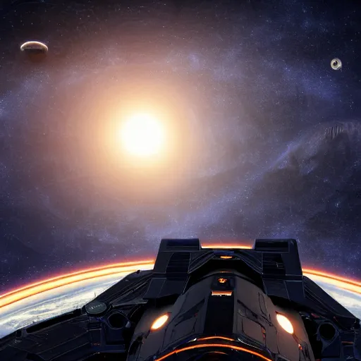 Image similar to Interstellar Black Hole and Space ship from Elite dangerous in front of it.