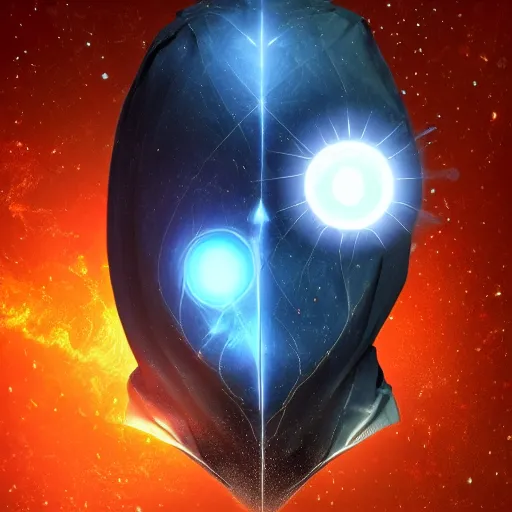 Image similar to award - winning. trending on artstation. 4 k. a faceless astral figure wearing a hooded cape made of the night sky with 1 dark blue glowing eye on its face. full - body.