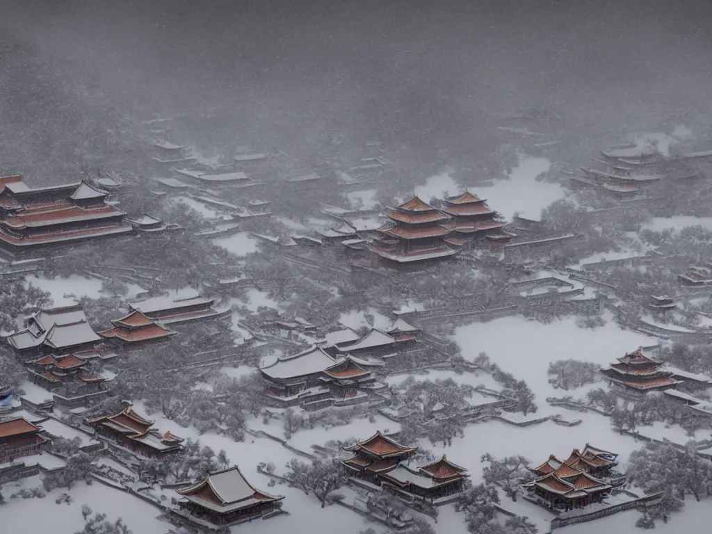 Prompt: the forbidden city on the snow mountain is on fire, highly detailed, blizzard, cinematic landscape ， on a snowy day, by xu beihong