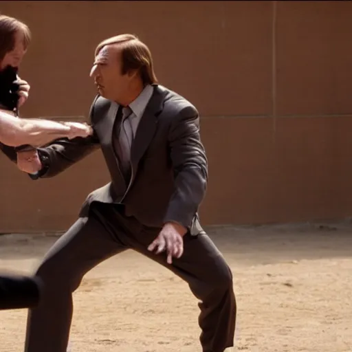 Image similar to Saul Goodman fighting Chuck Norris, movie still, 4k,