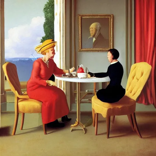 Image similar to the queen of england having tea and bisquits by Raphael, Hopper, and Rene Magritte. detailed, romantic, enchanting, trending on artstation.