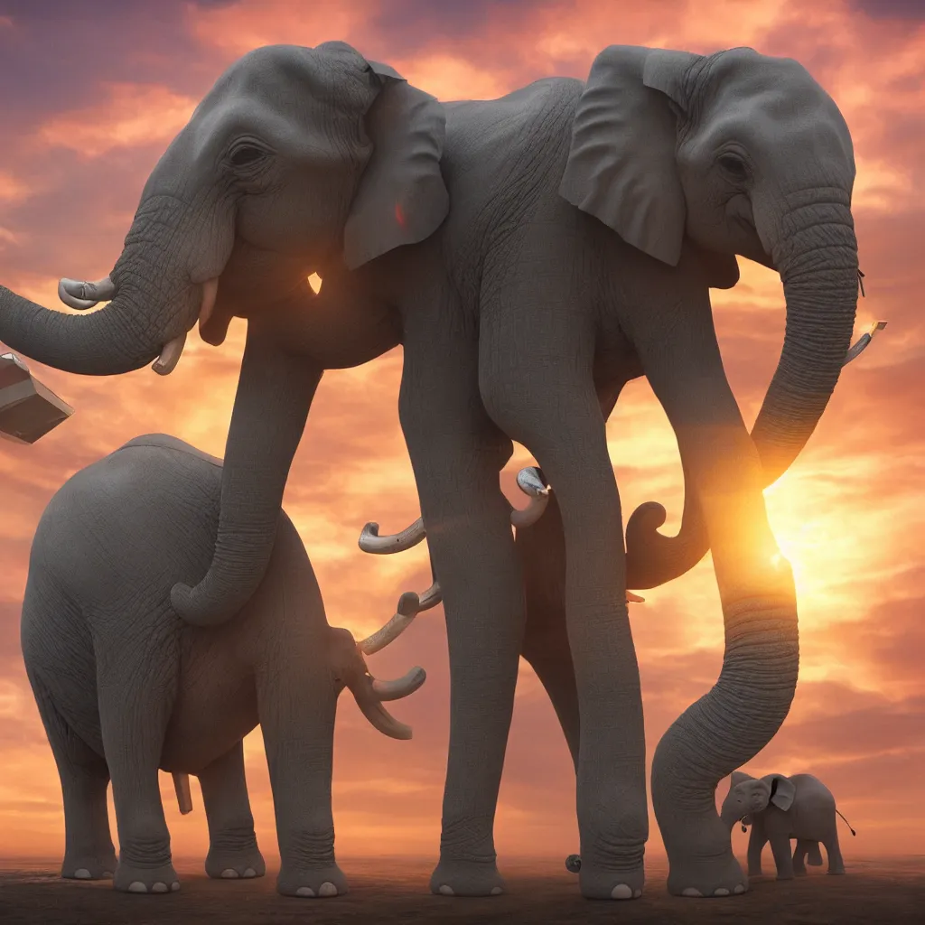 Image similar to A single elephant with lasers coming out of it's eyes, cyberpunk elephant in front of a sunset