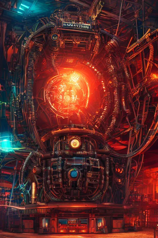 Image similar to a movie poster, write the text tripmachine, photo of a huge futuristic steampunk generator inside a steampunk machinery, 8 k, fluorescent colors, halluzinogenic, multicolored, exaggerated detailed, 3 d render, octane