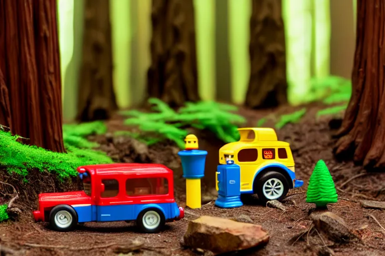 Image similar to fisher price redwood forest, california scene from tv show hyper detailed 5 5 mm 8 5 mm, toy photography, made out of plastic