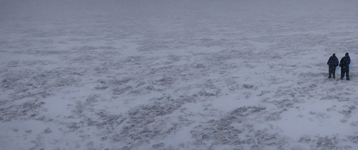 Image similar to a high quality color closeup hd 4 k film 3 5 mm photograph of very heavy snow storm blizzard in desolate antarctica, the faint barely visible silhouette of a bulky man is inside the blizzard