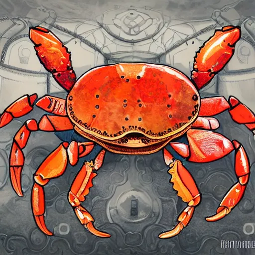 Prompt: hyperdetailed illustration of one small standalone crab in a flowerpunk steampunk cyber shell, with flemish baroque rococo unexpected maximalist elements. seen from the distance hd! matte paper background. childrenbook in soft natural pastel tones