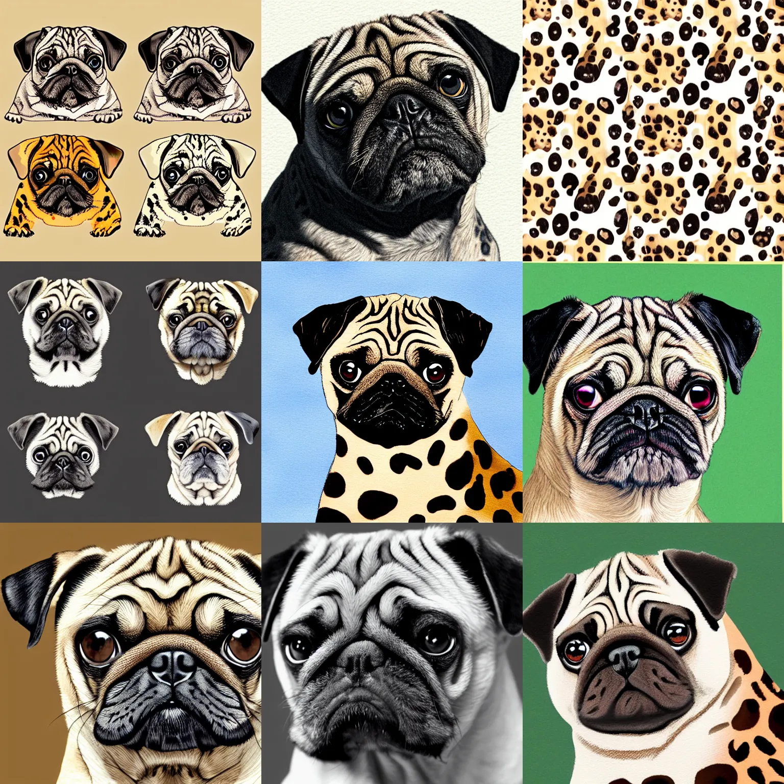 Prompt: pug, leopard spots, scientific illustration,