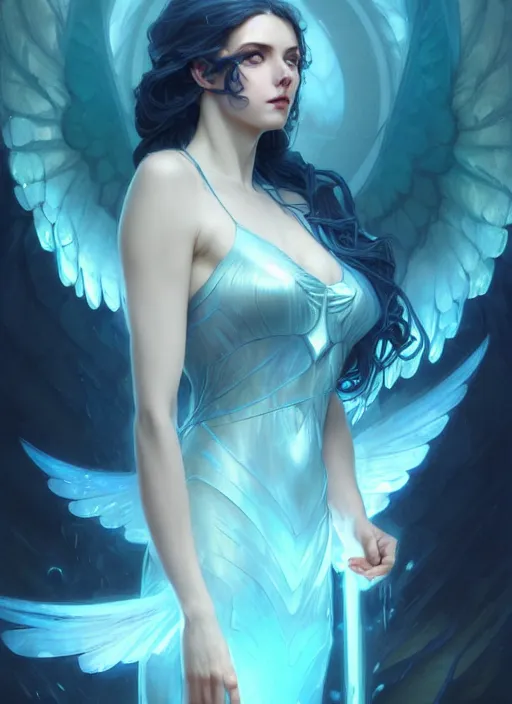 Image similar to a beautiful cinematic female archangel queen, fantasy sea landscape, fantasy magic, short aqua blue black fade hair, dark light night, intricate, elegant, sharp focus, illustration, highly detailed, digital painting, concept art, matte, art by WLOP and Artgerm and Greg Rutkowski and Alphonse Mucha, masterpiece