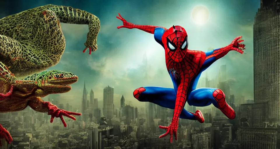 Image similar to tobey maguire's spider - man vs anthropomorphic lizard, reptile, creepy poster, alex ross art, air brush, oil paint, radiant light, caustics, heroic, bright iridescent light, cinematic shot, high quality, very epic, ultra detailed, 8 k.