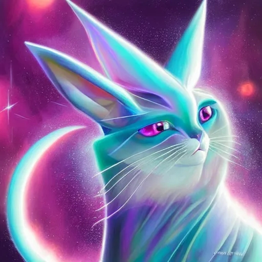 Image similar to geometric symmetrical espeon with galaxy eyes in space, nebula in the background, intricate, elegant, highly detailed, digital painting, artstation, concept art, smooth, sharp focus, illustration, art by artgerm