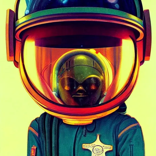 Prompt: Portrait of a Police astronaut wearing helmet in the style of James Gilleard, Zdzislaw Beksinski, Mark Ryden, Wolfgang Lettl highly detailed, hints of Yayoi Kasuma