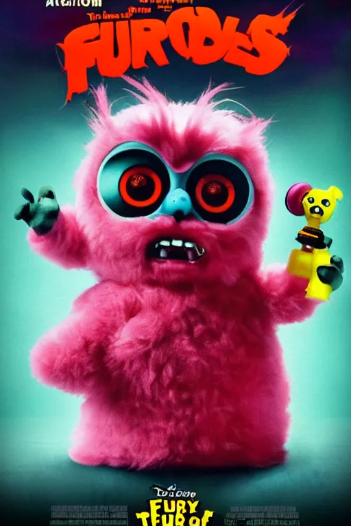 Image similar to horror movie poster for attack of the furbies!!!! furby!!! horrifying, scary movie