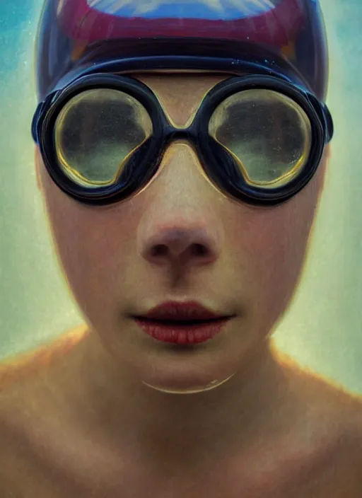 Image similar to extreme closeup portrait of a beautiful woman half submerged in water, horrified look in his eyes, dirt helmet, water reflection, sigma 85mm, highly detailed, soft lighting, elegant,sigma 85mm, Edward Hopper and James Gilleard, Zdzislaw Beksinski, Steven Outram, highly detailed