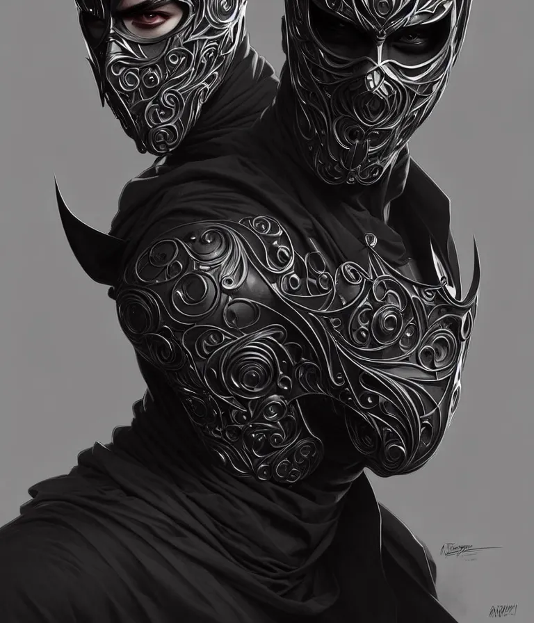 Image similar to ultra realistic illustration, a male with black mask, black t - shirt, intricate, elegant, highly detailed, digital painting, artstation, concept art, smooth, sharp focus, illustration, art by artgerm and greg rutkowski and alphonse mucha