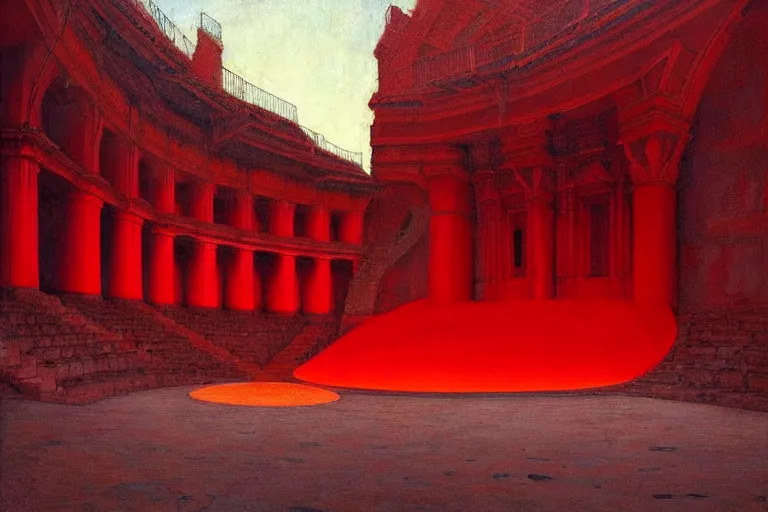 Image similar to only with red, a red melted emperor, taormina amphitheatre, crowd hails him, in the style of beksinski, parts by edward hopper, parts by rodcenko, parts by yue minjun, intricate and epic composition, red by caravaggio, insanely quality, highly detailed, masterpiece, red light, artstation, 4 k