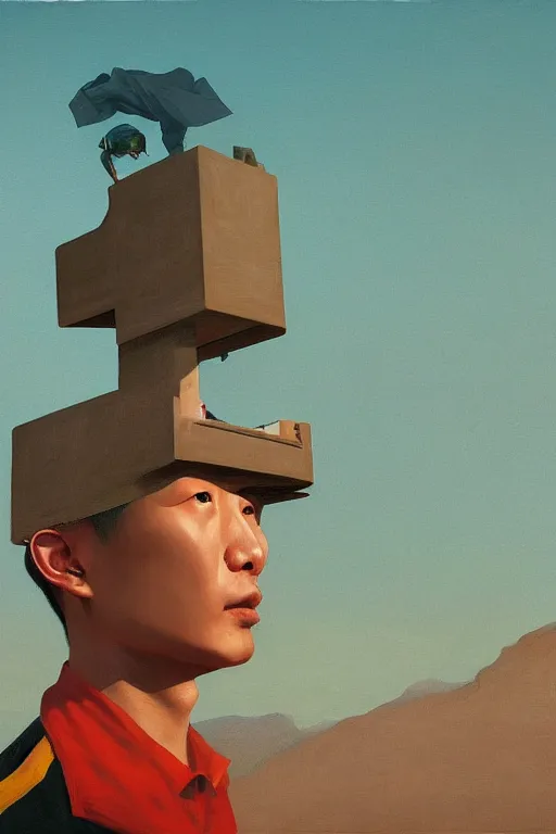 Image similar to Changpeng Zhao wearing oculus and Binance over his head Edward Hopper and James Gilleard, Zdzislaw Beksisnski, highly detailed