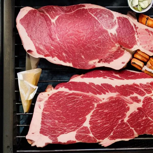 Image similar to an entire cow in the fridge ready to be grilled on a bbq