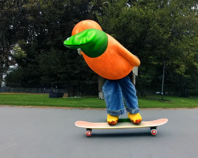 Image similar to pickle with a face riding a skateboard