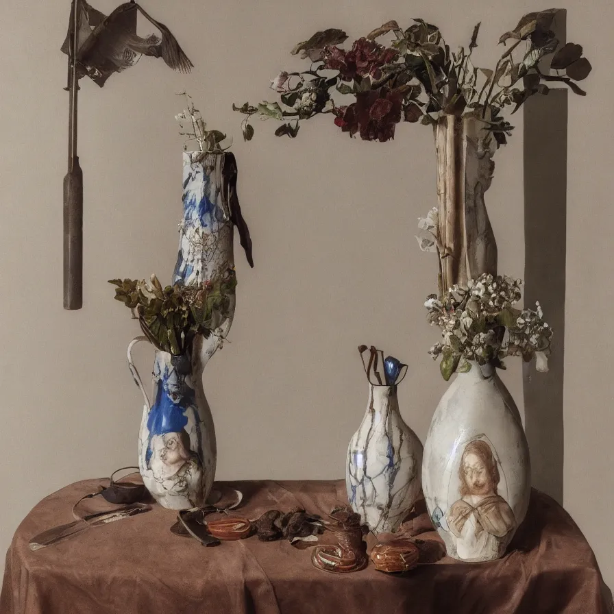 Prompt: beautiful studio photograph of a ceramics display with hans holbein portrait painted onto a tall stoneware vase by peter pincus on a tablecloth on a wooden table, hyperrealism 8 k trending on artstation