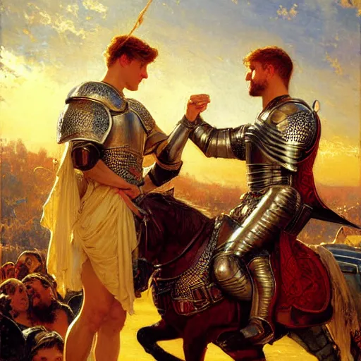 Image similar to attractive fully clothed arthur pendragon confesses his love for his attractive fully clothed male knight. highly detailed painting by gaston bussiere and j. c. leyendecker 8 k