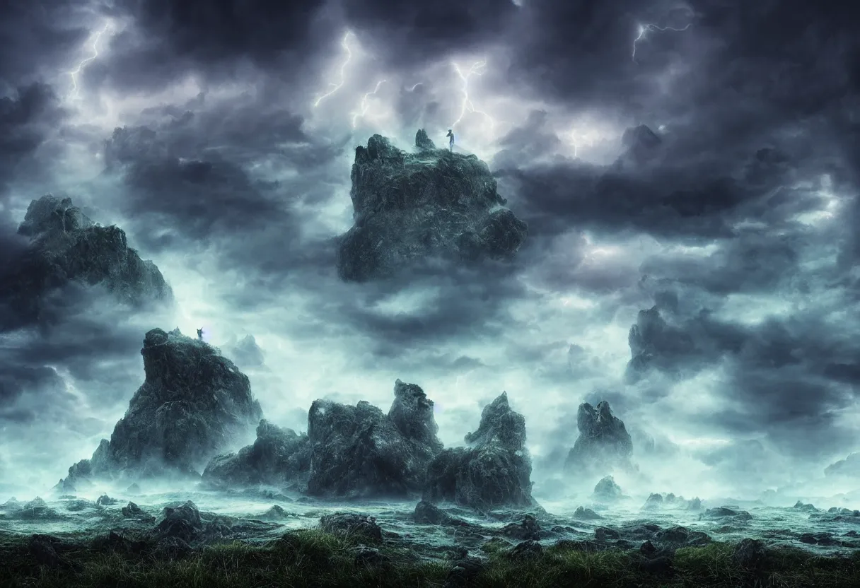 Prompt: Photorealistic epic misty landscape with magical floating rocks, psychedelic glowing runes, stones falling from the sky, with ominous storm clouds, a gentle rising mist. occult photorealism, UHD, amazing depth, cinematic lighting, epic scale, glowing rich colors, powerful imagery, concept art