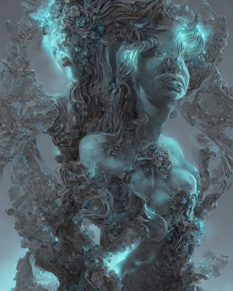 Image similar to a holographic portrait of a gorgeous etherial female gothic cemetery statue breaking apart by Andrew Ferez, metaphysical painting, cosmic horror, octane render, trending on cgsociety, featured on zbrush central, grotesque, digital painting, vanitas, new sculpture, mystical